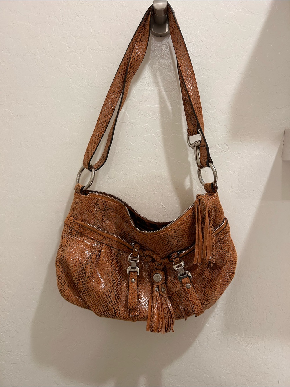 B. Makowsky Tan Snake-Embossed Leather Hobo with Tassels